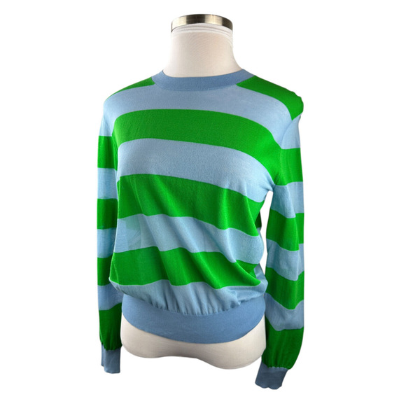 Diane Von Furstenberg Blue & Green Striped Top LS Mesh Sheer Stretch Medium - Picture 5 of 13